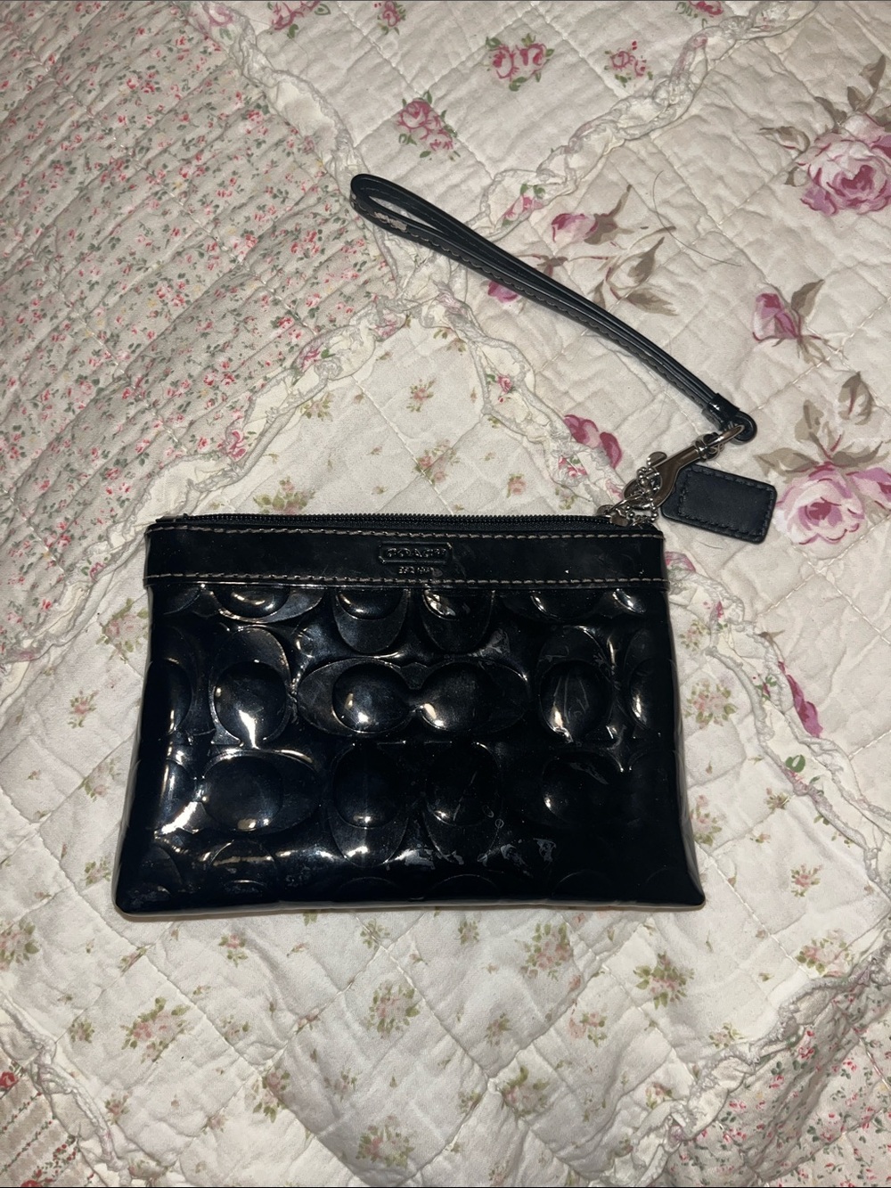 Coach Black Patent Signature Embossed Wristlet